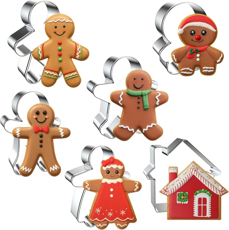 FUSOTO 6PCS Gingerbread Cookie Cutter Set, Christmas Cookie Cutters, Holiday Shaped Biscuit Molds, Stainless Steel Baking Supplies for Homemade Cookies, Christmas Gingerbread - Image 1